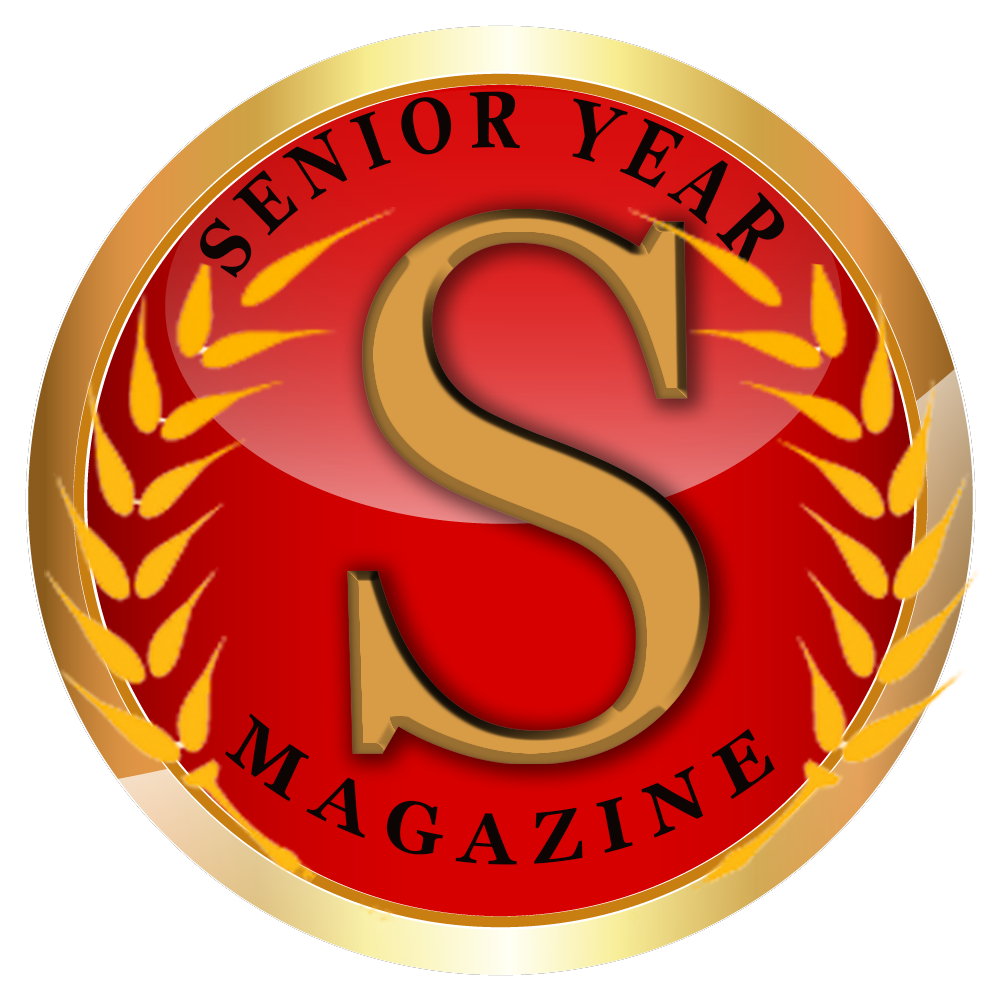 A circular emblem with a gold border, red background, and gold laurel wreath design. Inside, it says "Senior Year Magazine" with a large gold letter S in the center.