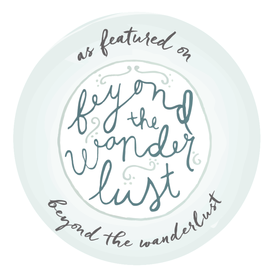 A circular badge with handwritten text that reads "as featured on" at the top, and "beyond the wanderlust" at the bottom. In the center, it says "find the wonder list" in a whimsical handwritten style.