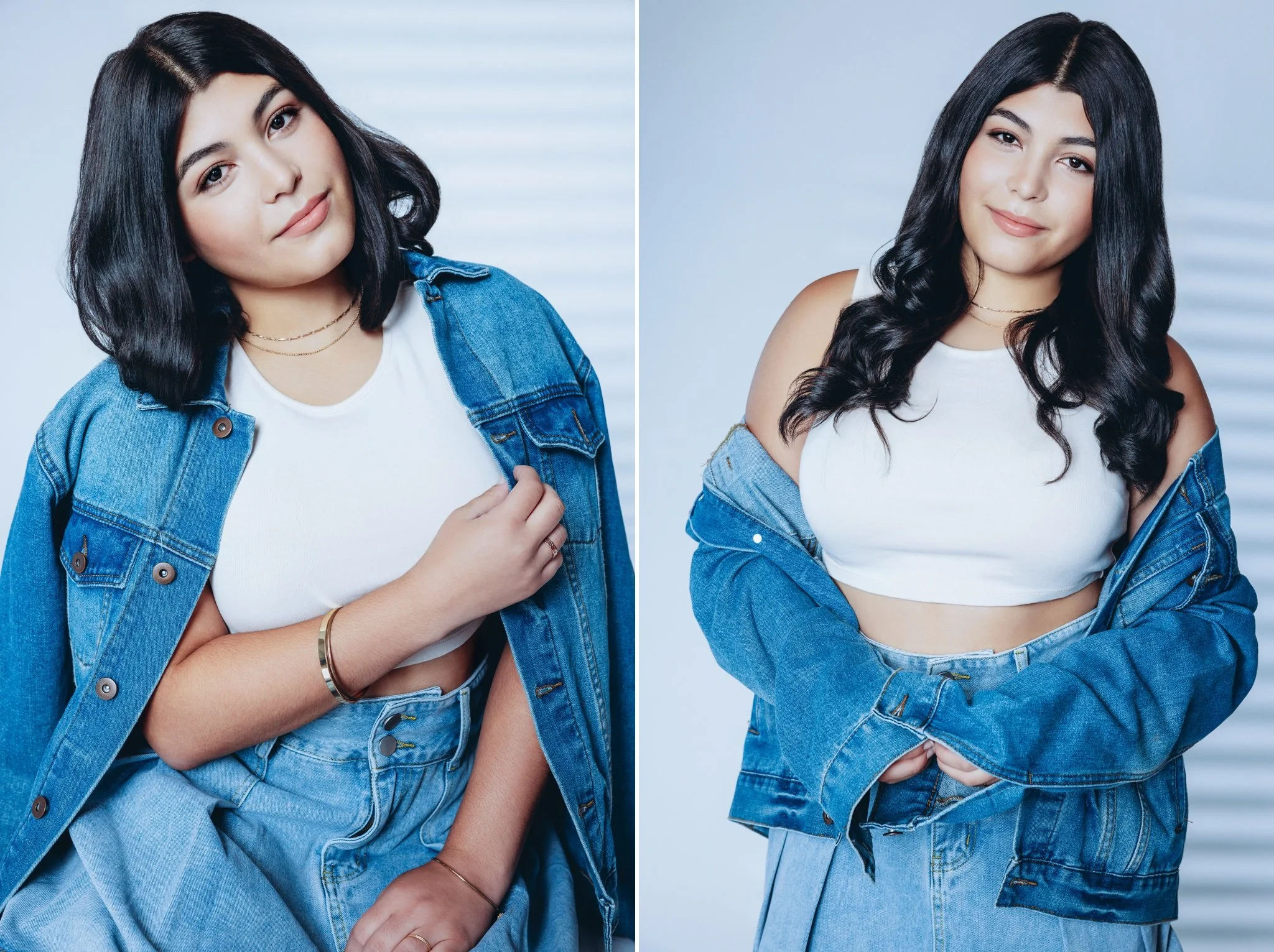 Studio senior portrait in Sacramento featuring a fashionable denim outfit and editorial posing