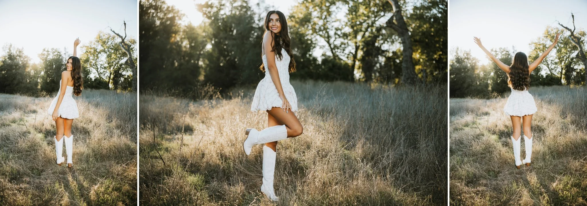 Sacramento senior portrait session featuring a high school senior outdoors in a white dress at the American River Parkway