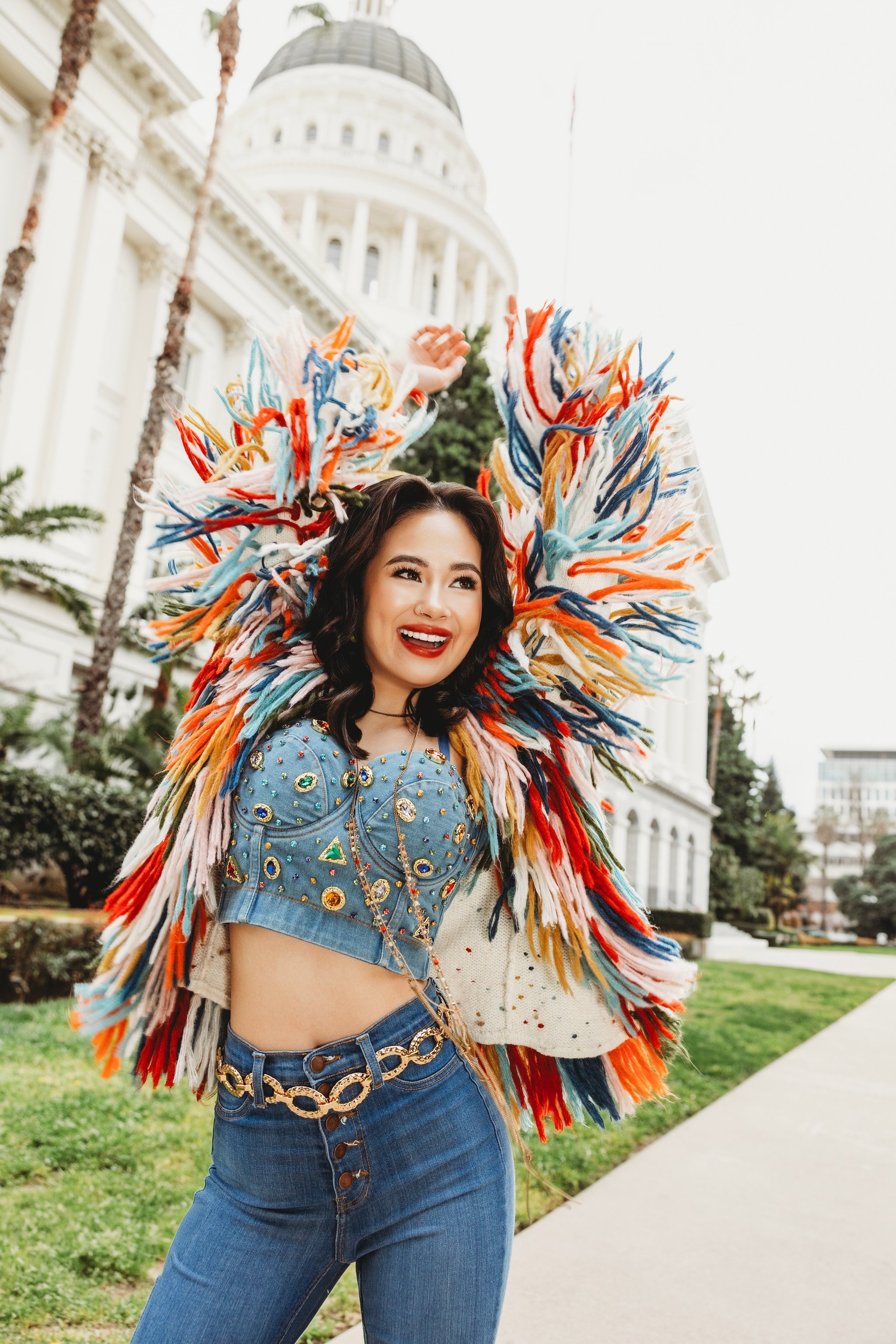 High school senior portraits at Capitol Park in Sacramento with Capitol Building