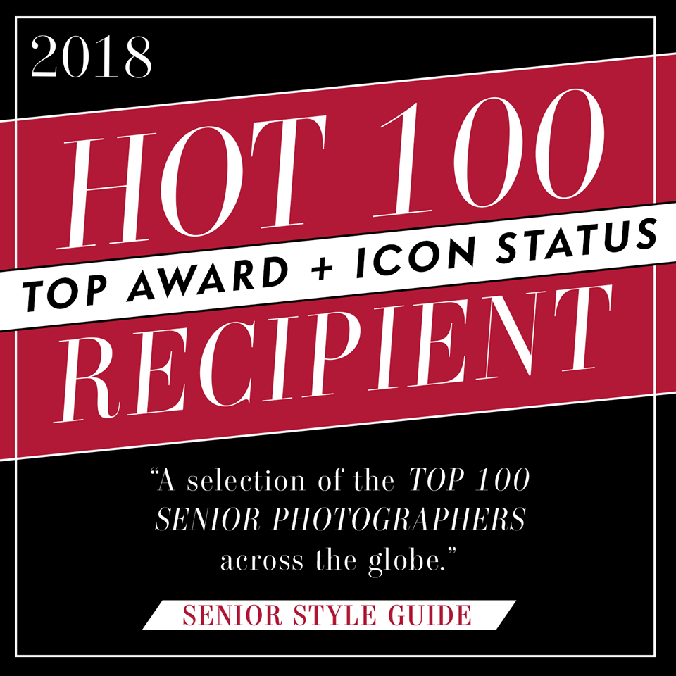 Book cover titled '2018 HOT 100 RECIPIENT' with subtitle 'TOP AWARD + ICON STATUS'. It features the phrase 'A selection of the TOP 100 SENIOR PHOTOGRAPHERS across the globe.' and a note 'SENIOR STYLE GUIDE'. The cover has a black, white, and red colo