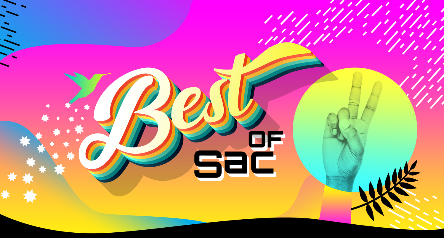 Colorful abstract background featuring the stylized text "Best of SAC" with a peace sign hand gesture, a hummingbird, stars, and decorative elements.