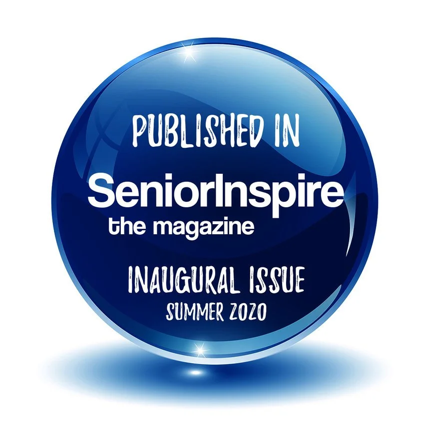 Blue circular badge indicating the first issue of SeniorInspire magazine, Summer 2020, published in the inaugural issue.