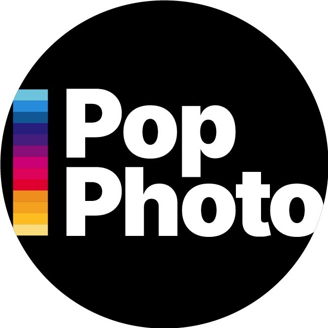 Pop Photo logo with black circle background, white text, and a vertical rainbow-colored bar on the left.