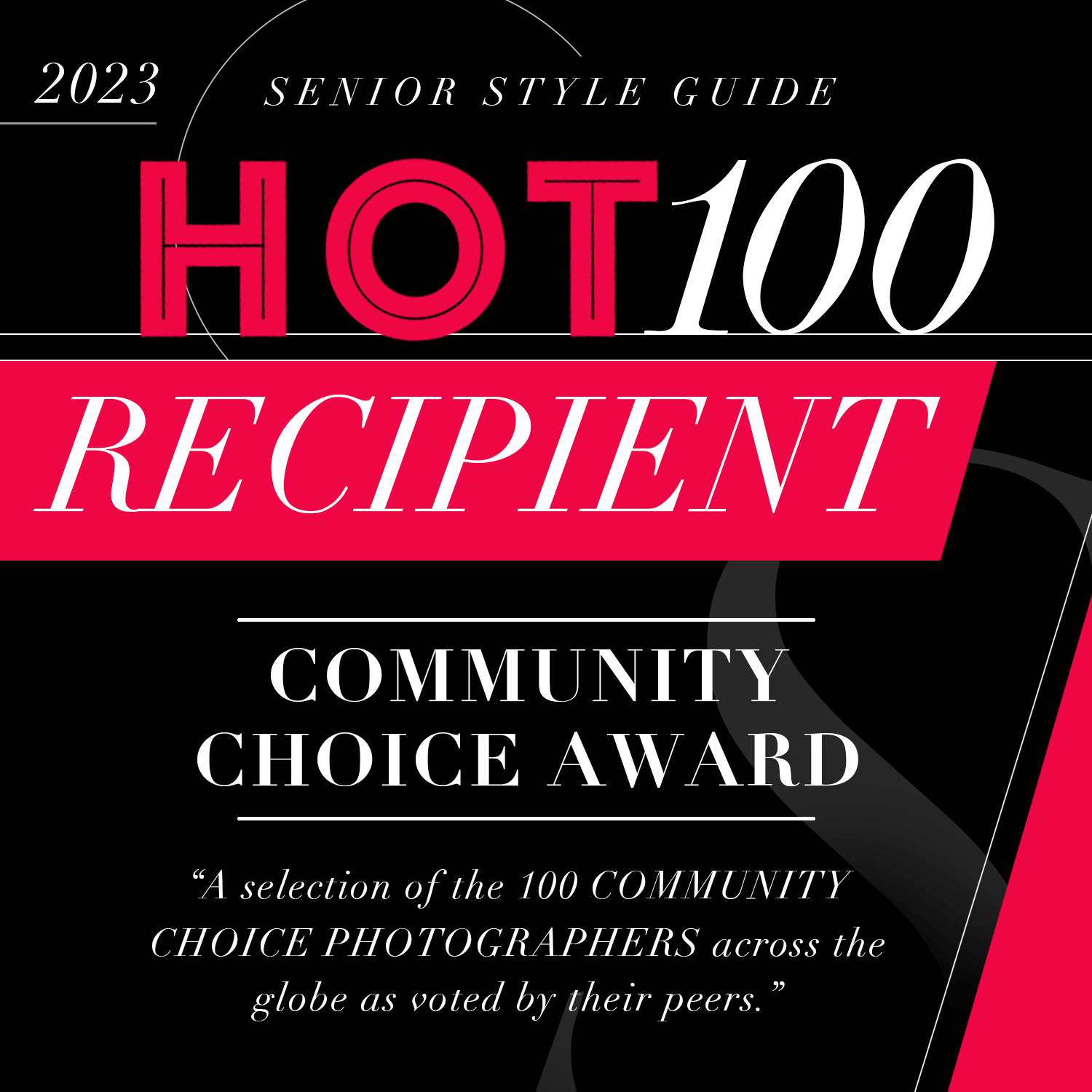 2023 Senior Style Guide Hot 100 Recipient Community Choice Award graphic with black background, pink and white text, and decorative elements.