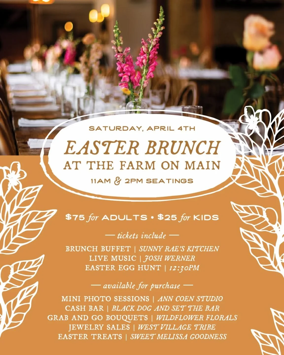 🐣 Hop Back to The Farm for Easter Brunch! 🐣

If you&rsquo;ve been to our brunch before, you&rsquo;ll know that there&rsquo;s just something about Easter at The Farm. The property starts to bloom, our Forsythe Barn comes alive, and we officially kic