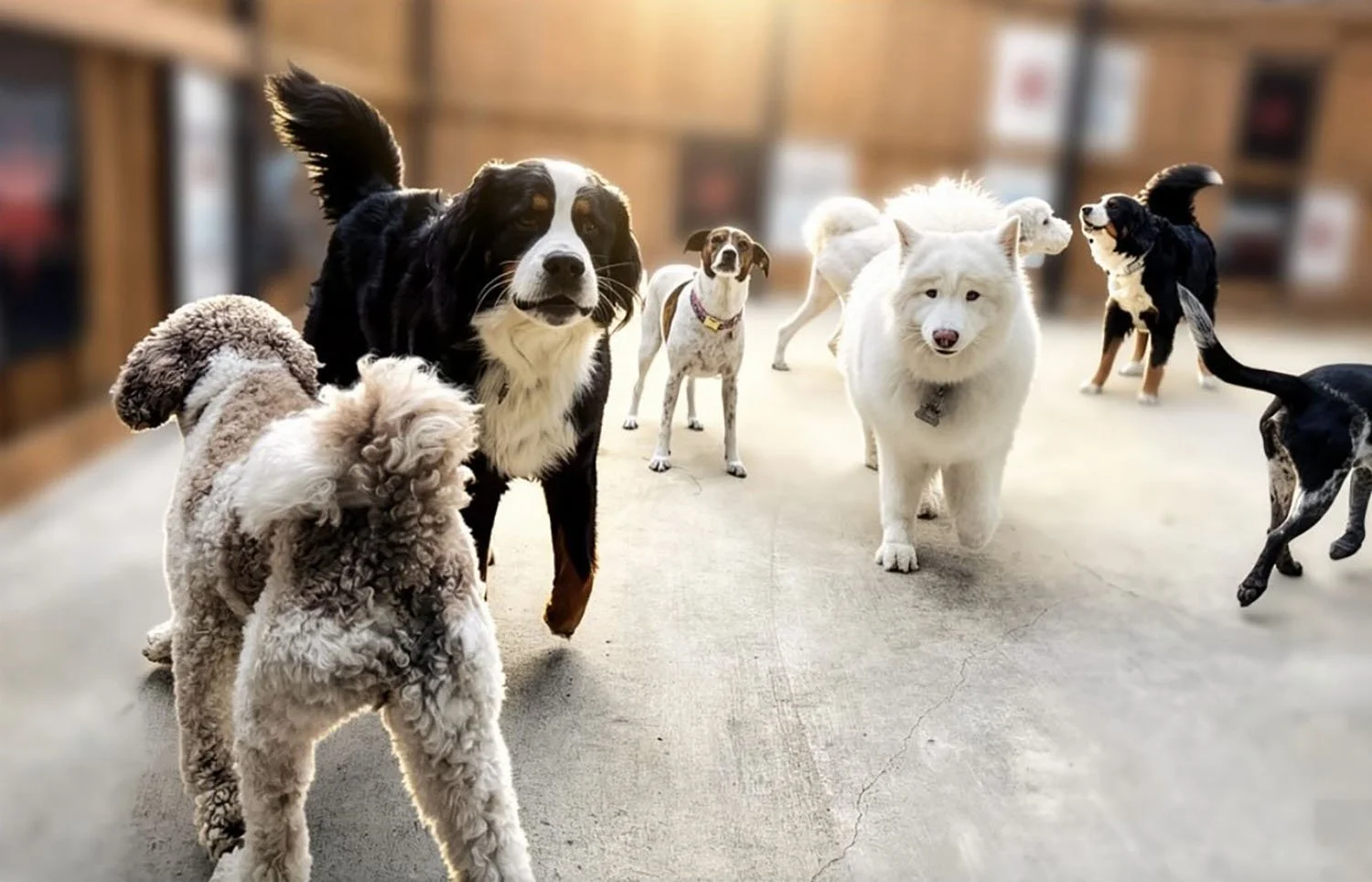 A group of dogs in daycare playing indoors