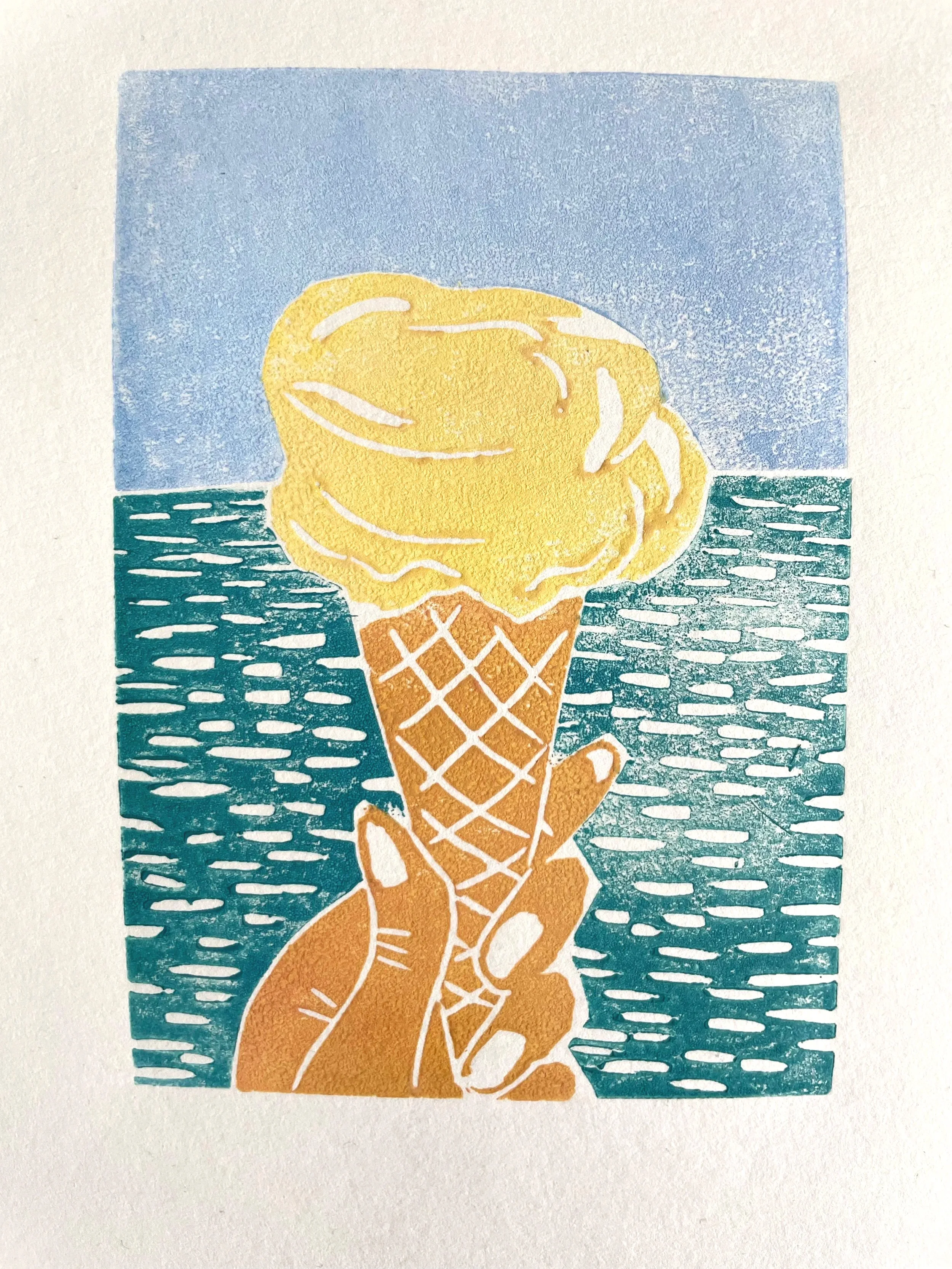 linoprint ansichtkaart, ijsje, 2025 