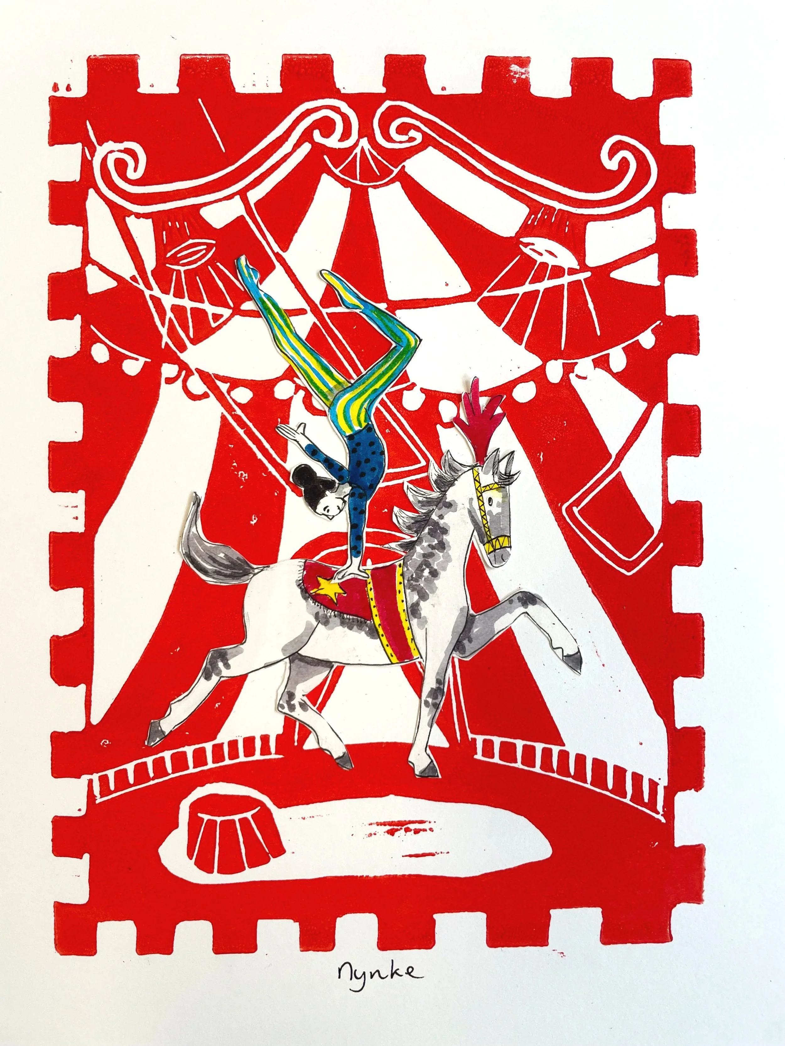 linprint, ecoline en collage 'circusartiesten', serie voor getuigschriften, 2025