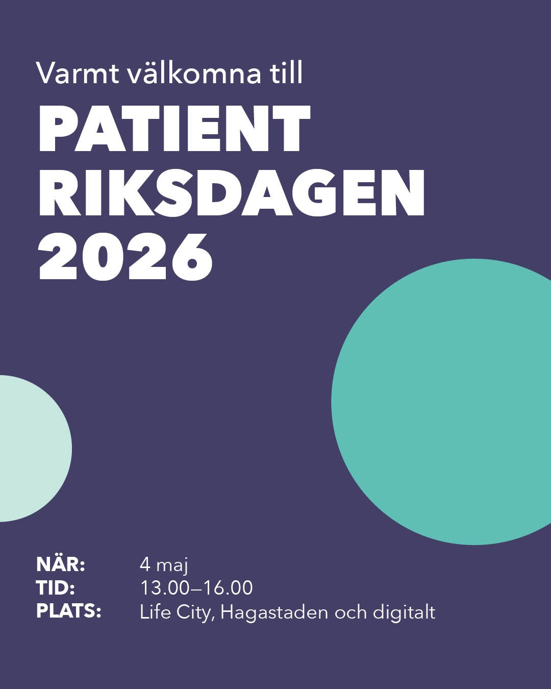 Om en vecka sm&auml;ller det!
Vad vill Sveriges patienter inf&ouml;r valet 2026?

P&aring; m&aring;ndag den 4 maj s&auml;tter Patientriksdagen 2026 patientr&ouml;sten i centrum. Med utg&aring;ngspunkt i att h&auml;lso- och sjukv&aring;rden ska utform