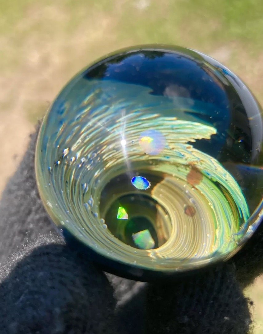 Glass Boro Marble Gold Fume W Fire Rainbow Opals Hand Made Art Sculpture 38mm eBay.jpeg