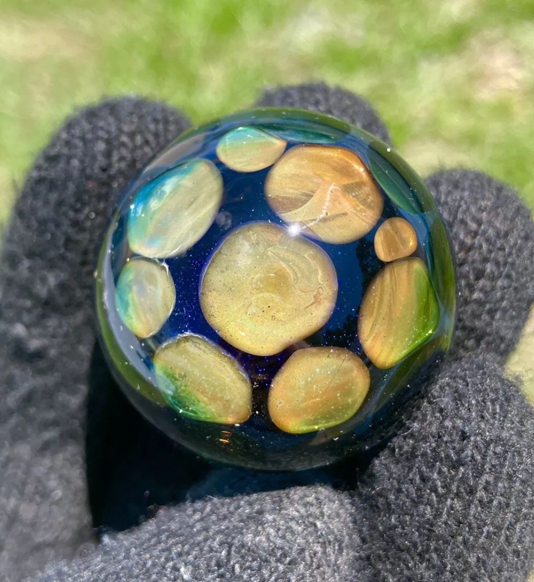 Glass Boro Marble Gold Fume W Fire Rainbow Opals Hand Made Art Sculpture 38mm eBay.jpeg