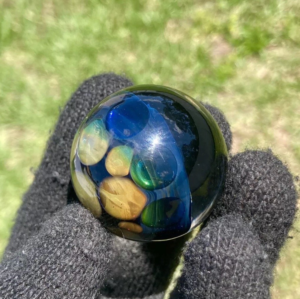 Glass Boro Marble Gold Fume W Fire Rainbow Opals Hand Made Art Sculpture 38mm eBay.jpeg