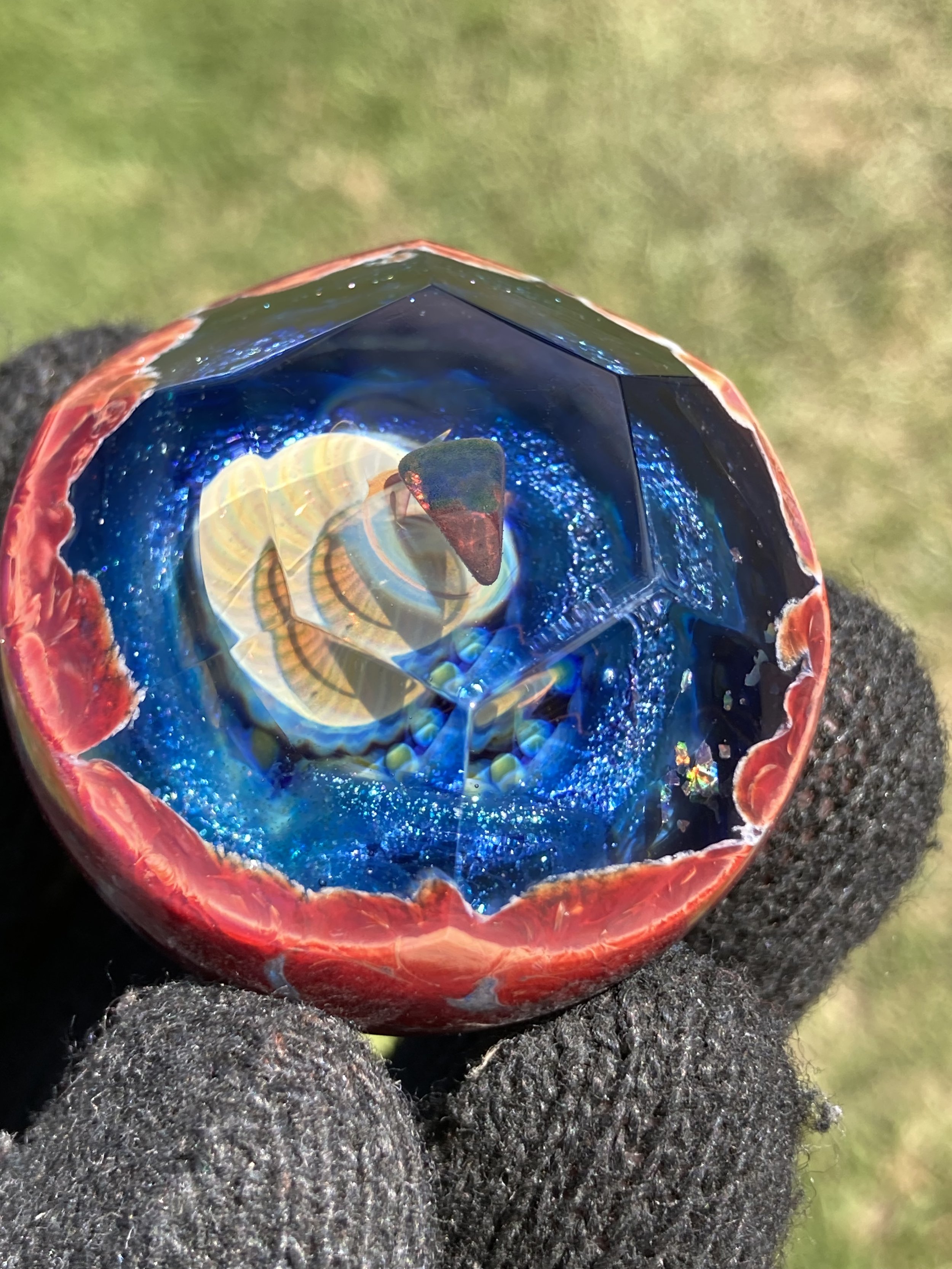 Glass Boro Marble W/ Opal Stone Hand Made Art With Faceted Face Space Sculpture