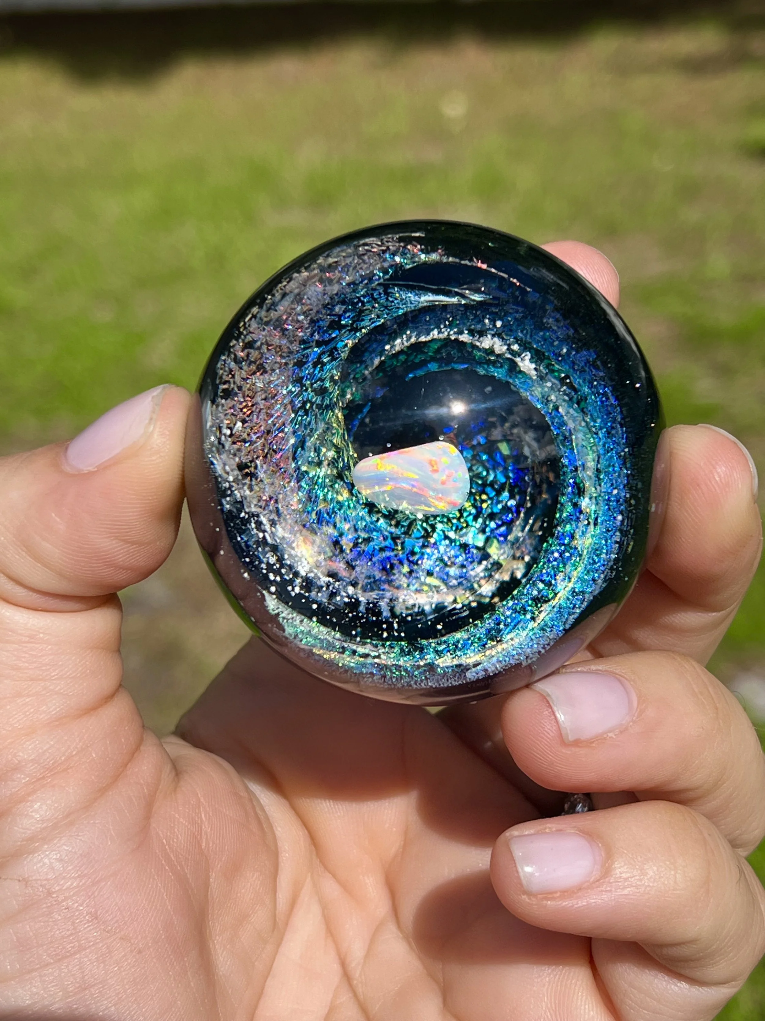 Dichro Swirl Cremation Memorial Marble with Opal