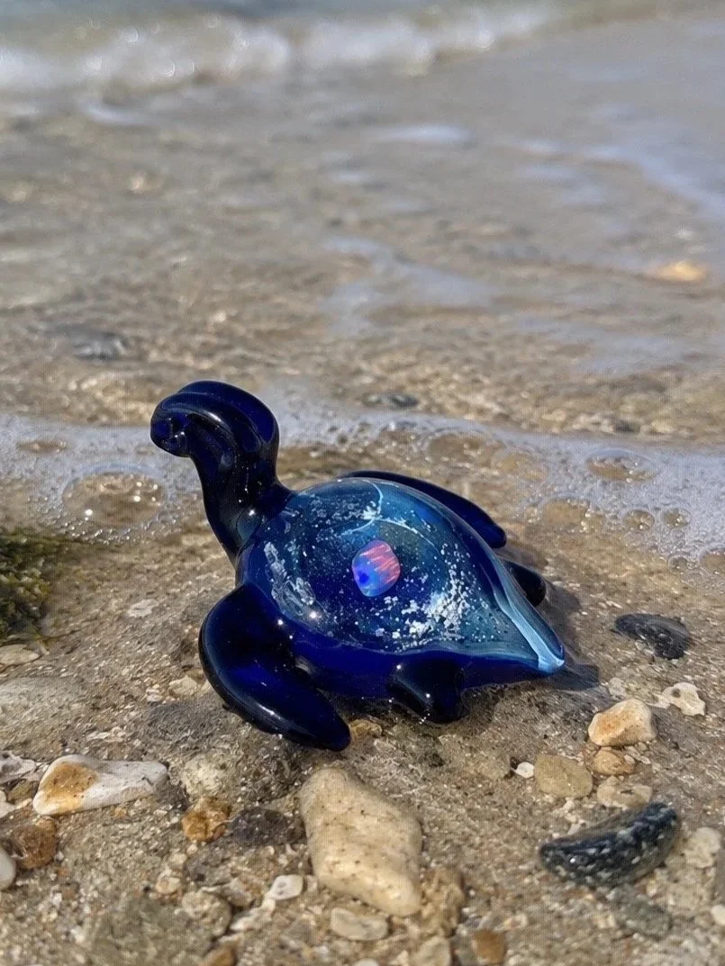Heavenly Opal Sea Turtle Cremation Memorial Sculpture handcrafted with cremated remains and a luminous opal
