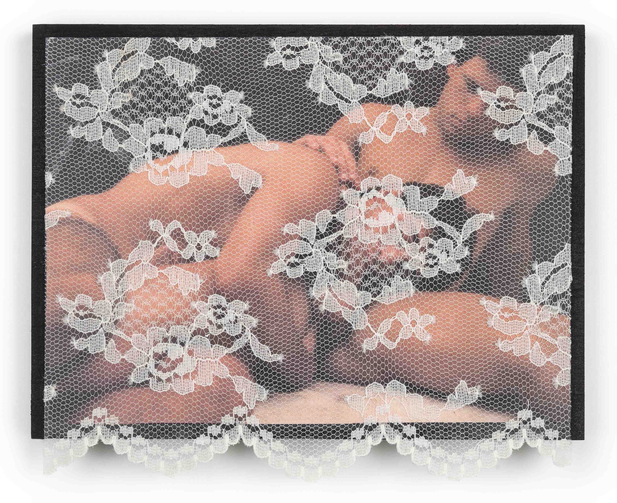 John Paradiso_Bedroom Window II, Lap Dance, 2021, found image with vintage lace curtain and acrylic varnish on wood panel, 6.5” x 8”.jpg