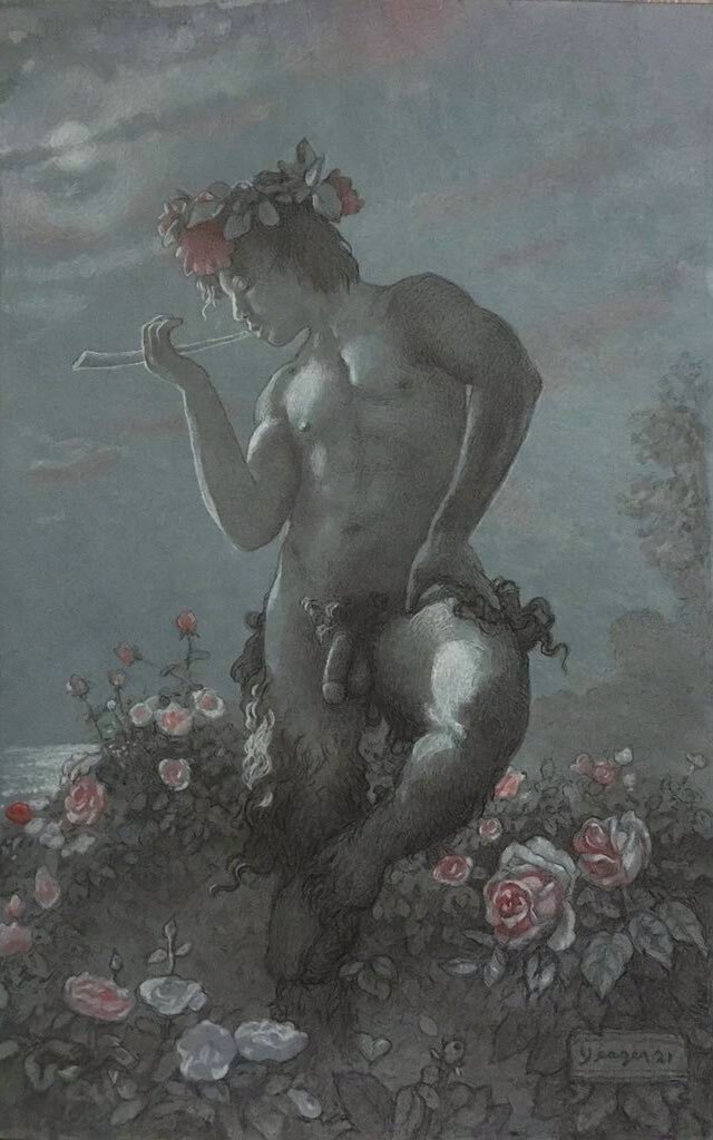 Todd Yeager_'Pan Serenading the Roses' Ink, charcoal, pastel 9%22x14%22.jpeg