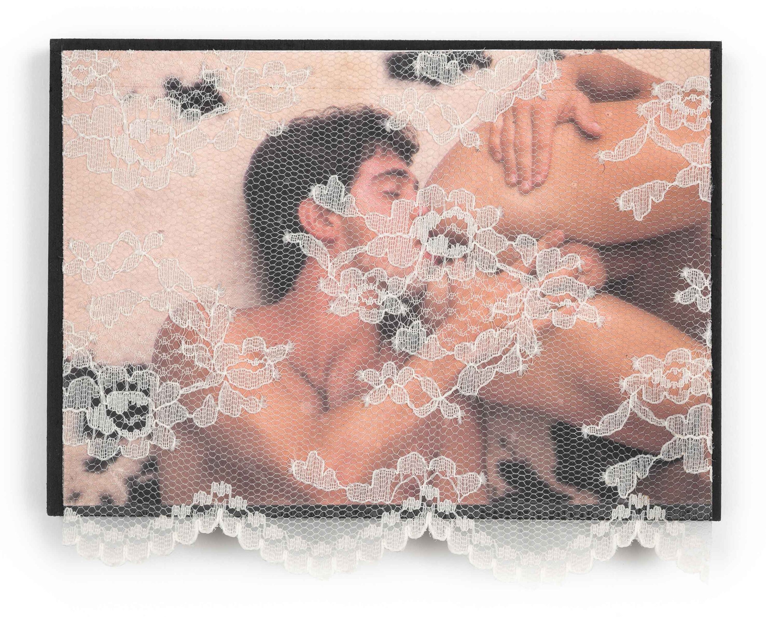 John Paradiso_Bedroom Window IV, The Kiss, 2021, found image with vintage lace curtain and acrylic varnish on wood panel, 5.5” x 7”.jpg