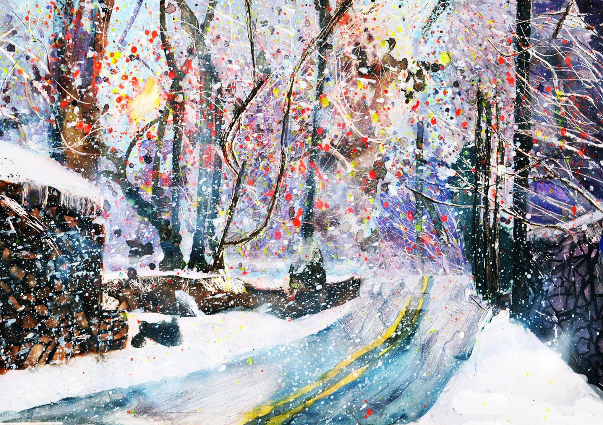 Iced Over--Watercolor on Clay-board, captures the depth and layers of ice and winter weather on Route 100. 