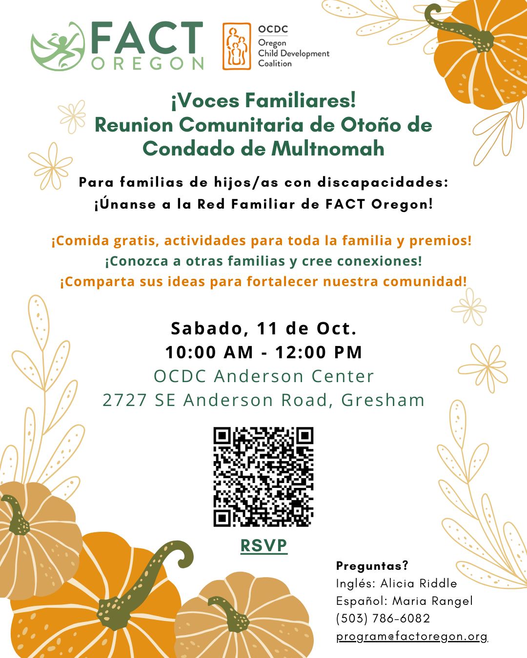  Las calabazas y hojas decoran este volante. Haz clic para registrarte para el evento el sábado 11 de octubre a las 10 a.m. 