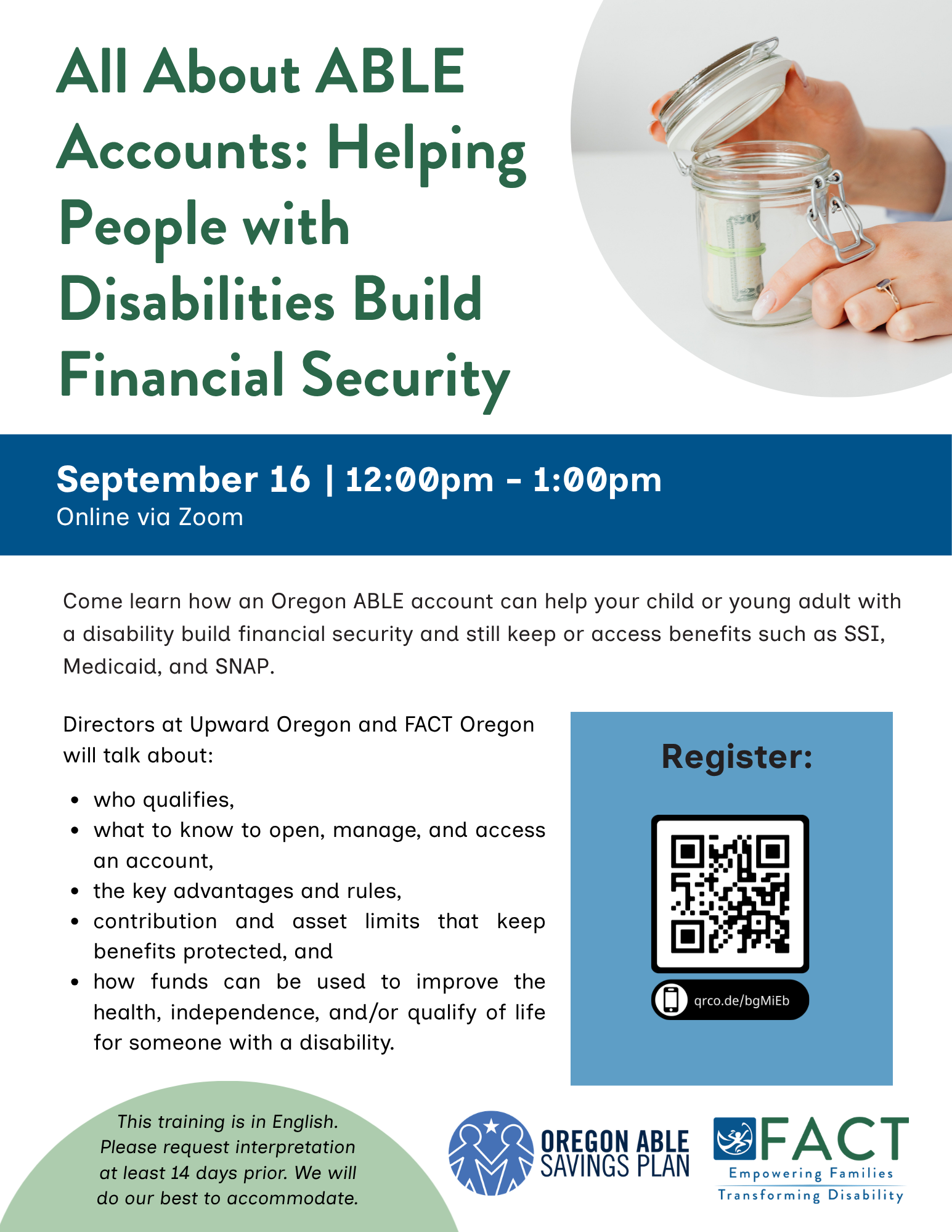 Flyer image with a QR code for an ABLE training