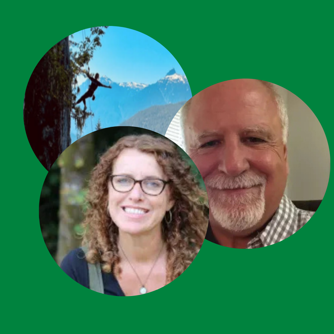three pictures - one of a woman smiling with long curly red hair, one of a person climbing a tree, and one of a man with a white beard