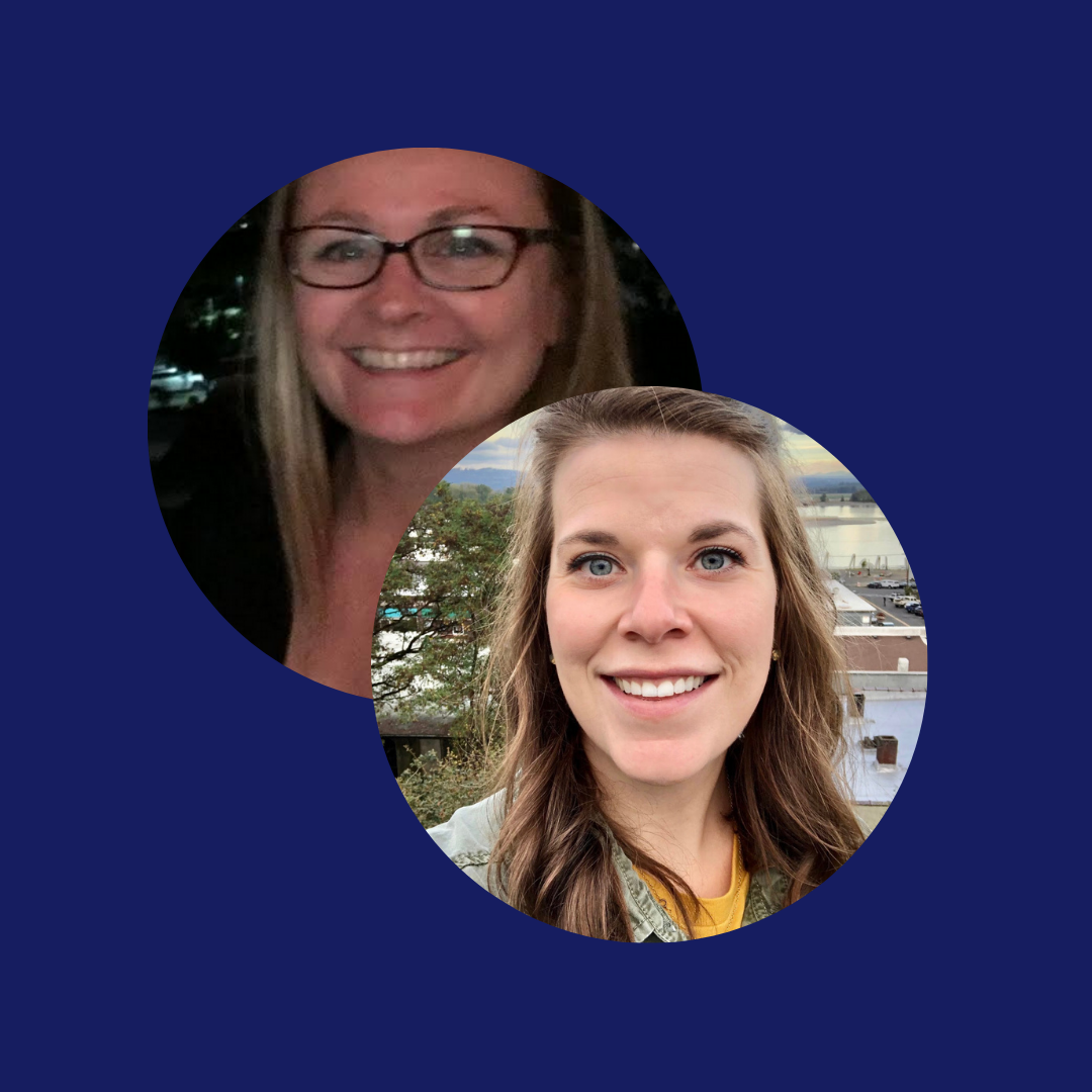 Two circular headshots on a dark blue background: on the left, a smiling woman with long blond hair wearing glasses; on the right, a smiling woman with brown hair and a waterfront cityscape behind her.