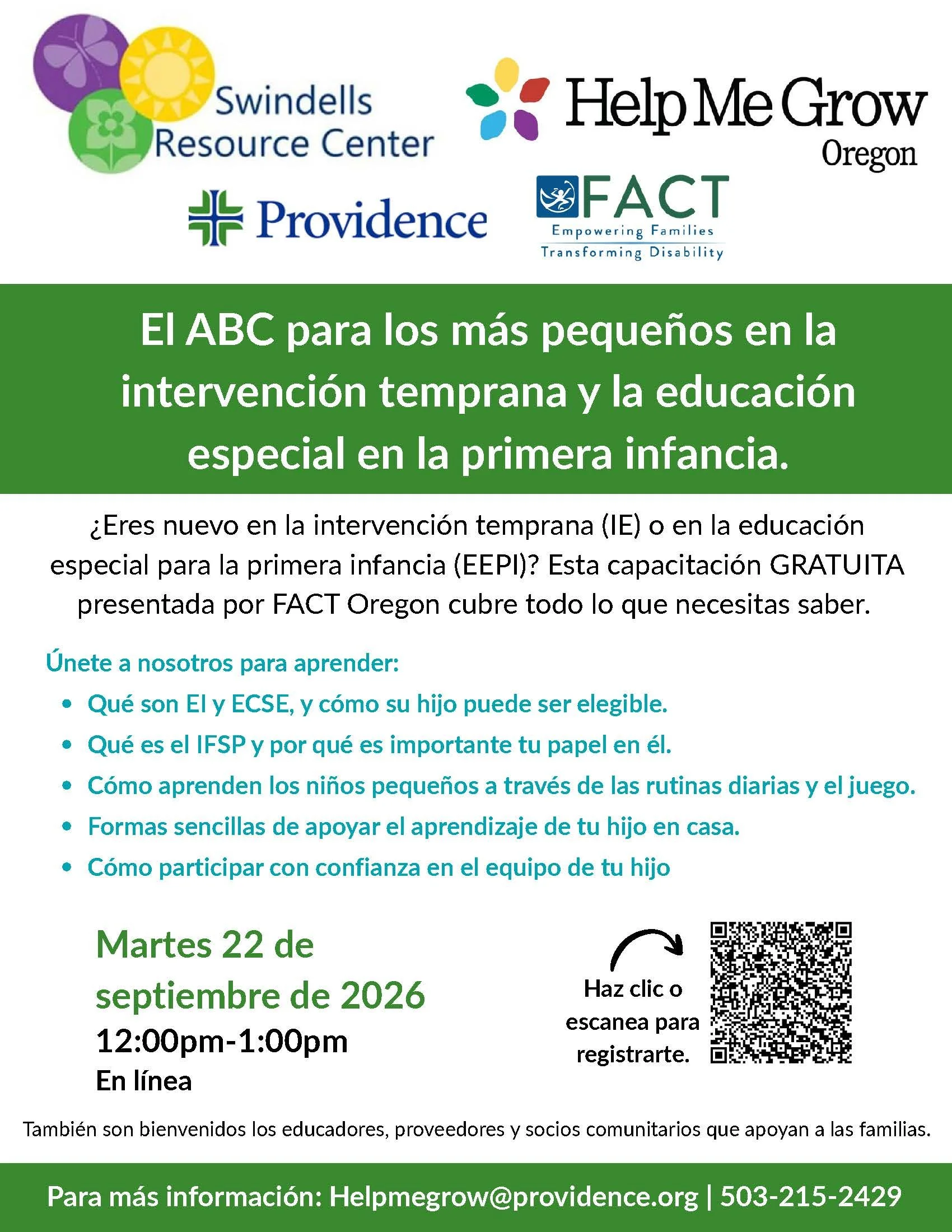 Event flyer for ABCs for little ones in EI & ECSE in Spanish