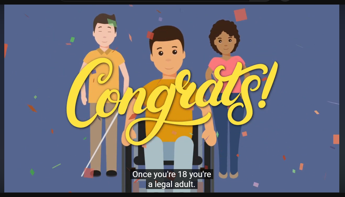 A graphic shows three young people with disabilities and the word congrats superimposed