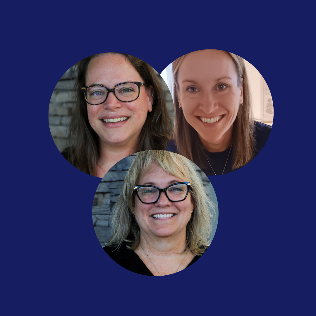 Three circular headshots on a dark blue background: the top-left image shows a smiling woman with tortoiseshell glasses in front of a stone wall, the top-right image shows a smiling woman with long, light-colored hair in a bright setting, and the bot