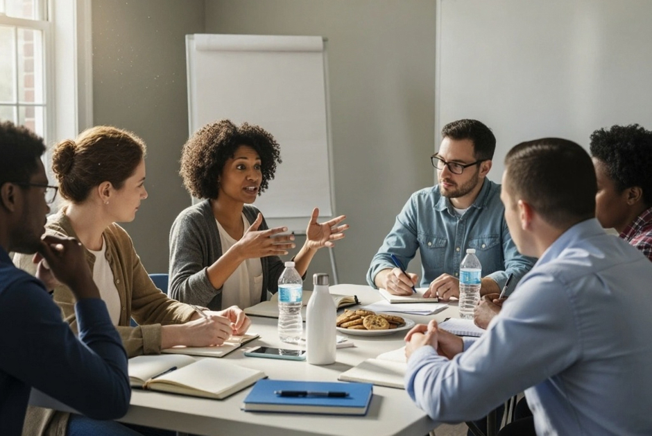 Un grupo de adultos está sentado alrededor de una mesa conversando.