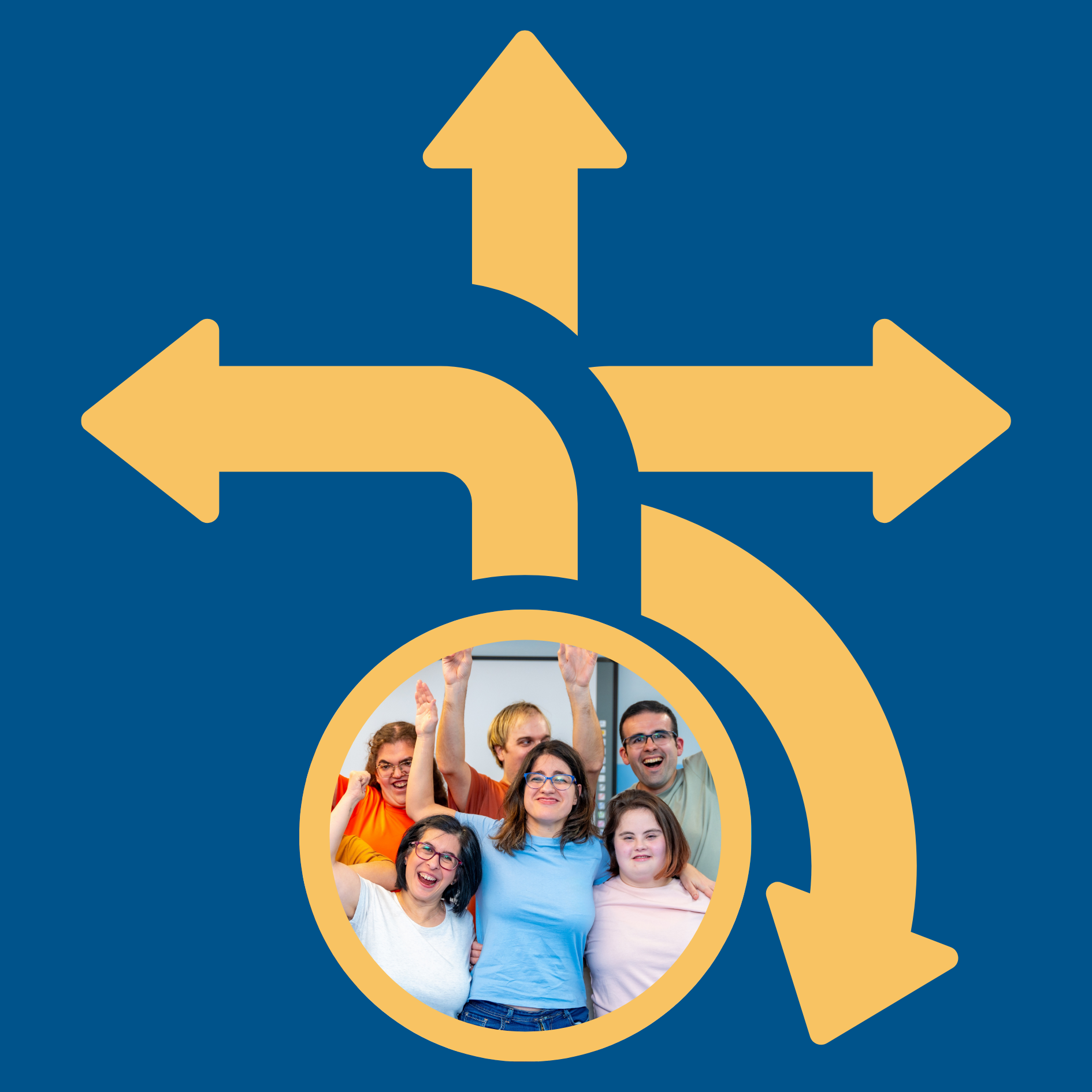 Three arrows lead away from a central image of young adults grouped together with their hands raised