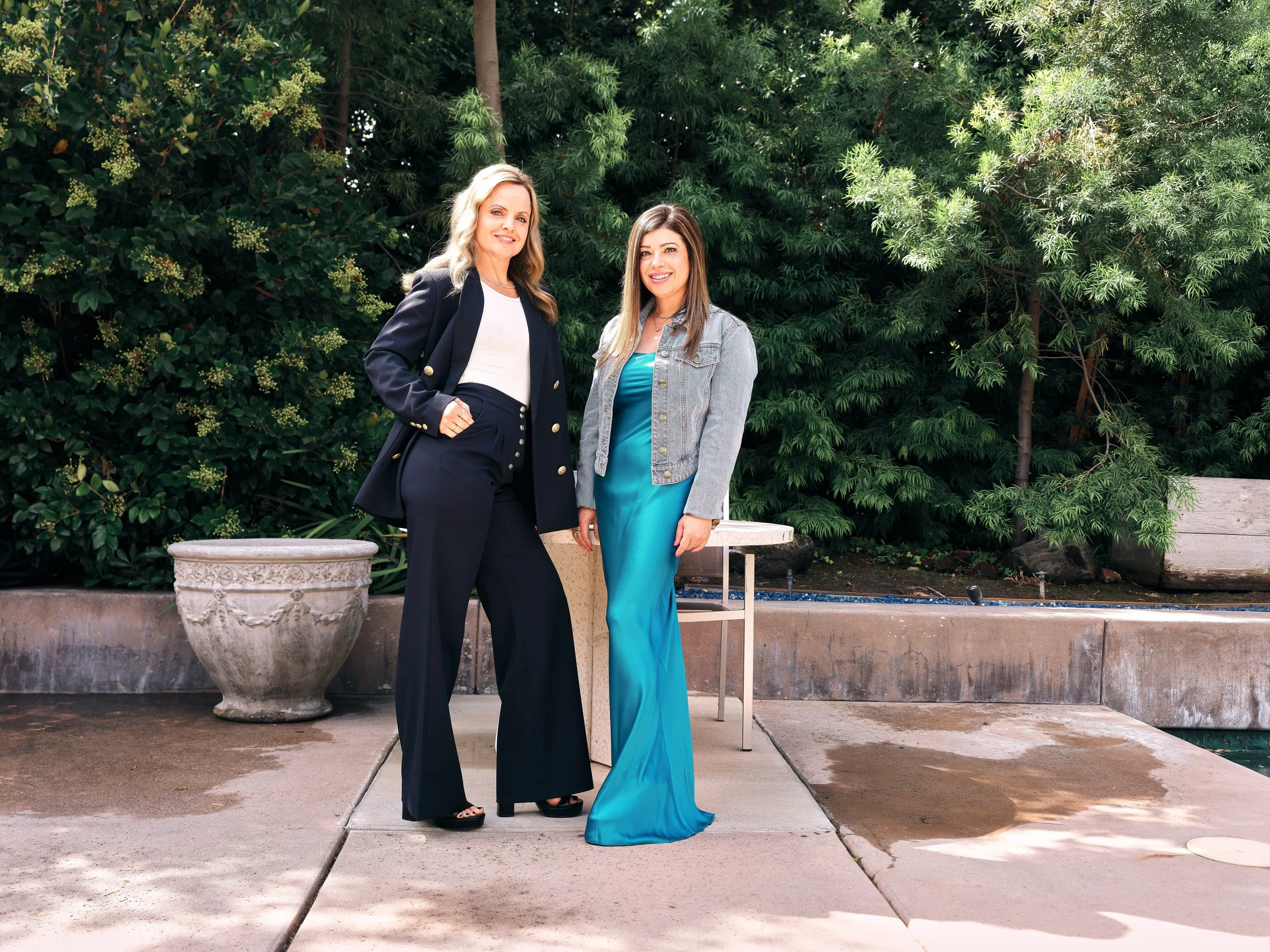 Mena Suvari and stylist Nola Singer pose at a private home in Los Angeles.