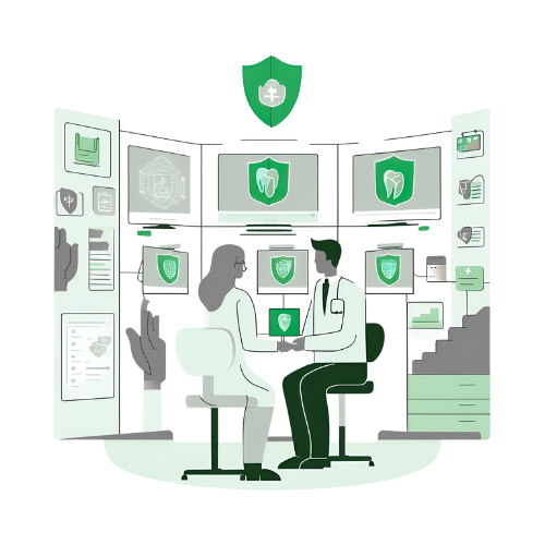 Two medical professionals discussing patient information in front of multiple computer screens displaying medical data and dental imagery, with a green cross symbol above.