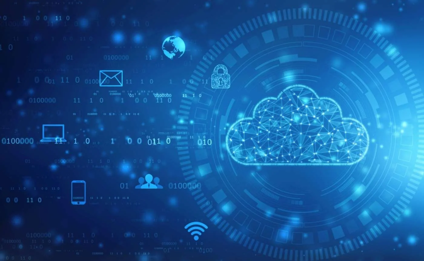 Digital cloud computing concept with icons representing a cloud, laptop, smartphone, lock, Wi-Fi, and email on a blue background with binary code and network lines.
