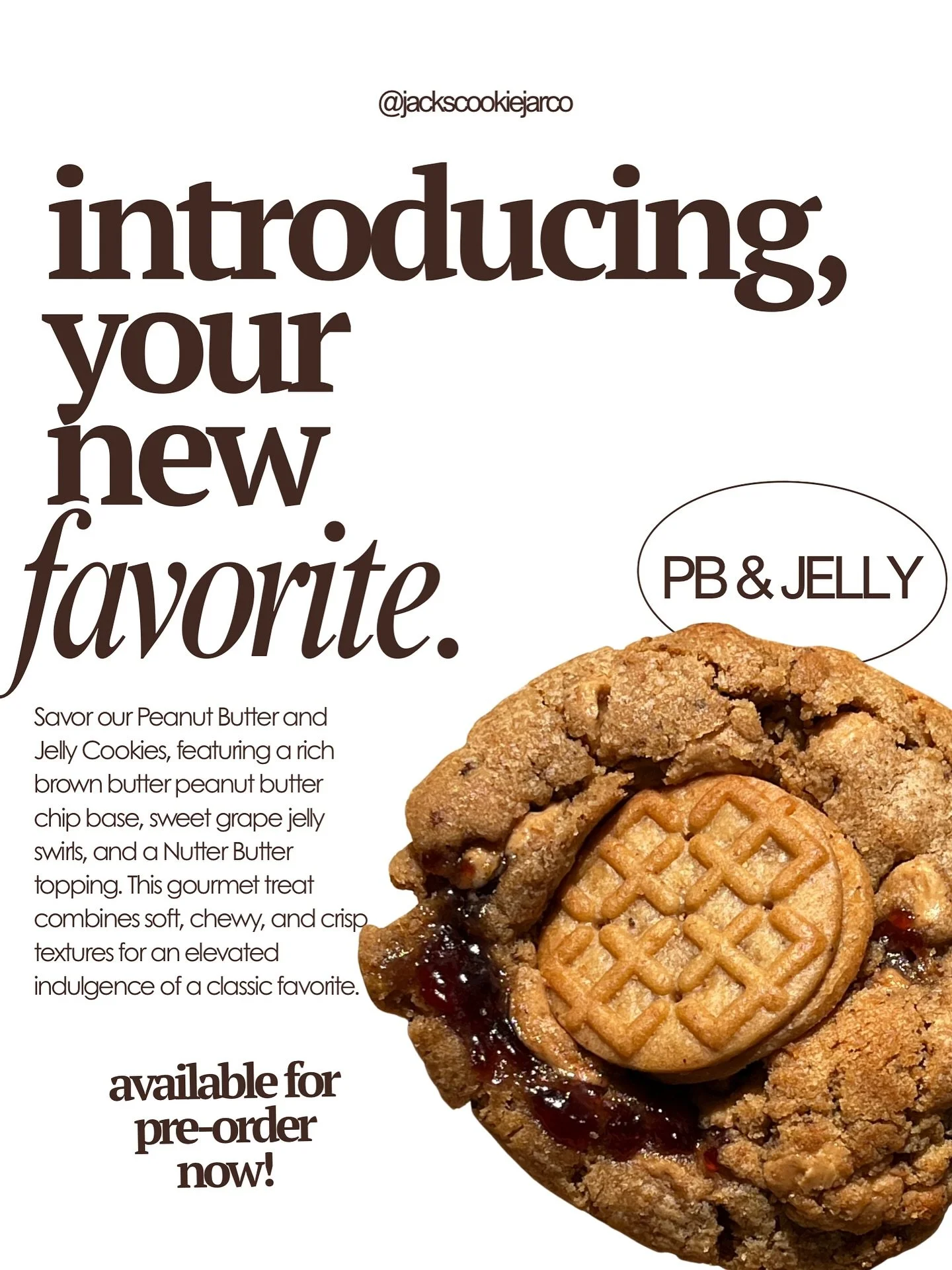 ✨Introducing our PB&amp; Jelly Cookie !! 

🥜🍇Savor our PB &amp; Jelly cookie featuring a rich brown butter peanut butter chip base, sweet grape jelly swirls, and a Nutter Butter topping.

✨Available now for preorder!!

📍Local delivery &amp; pickup