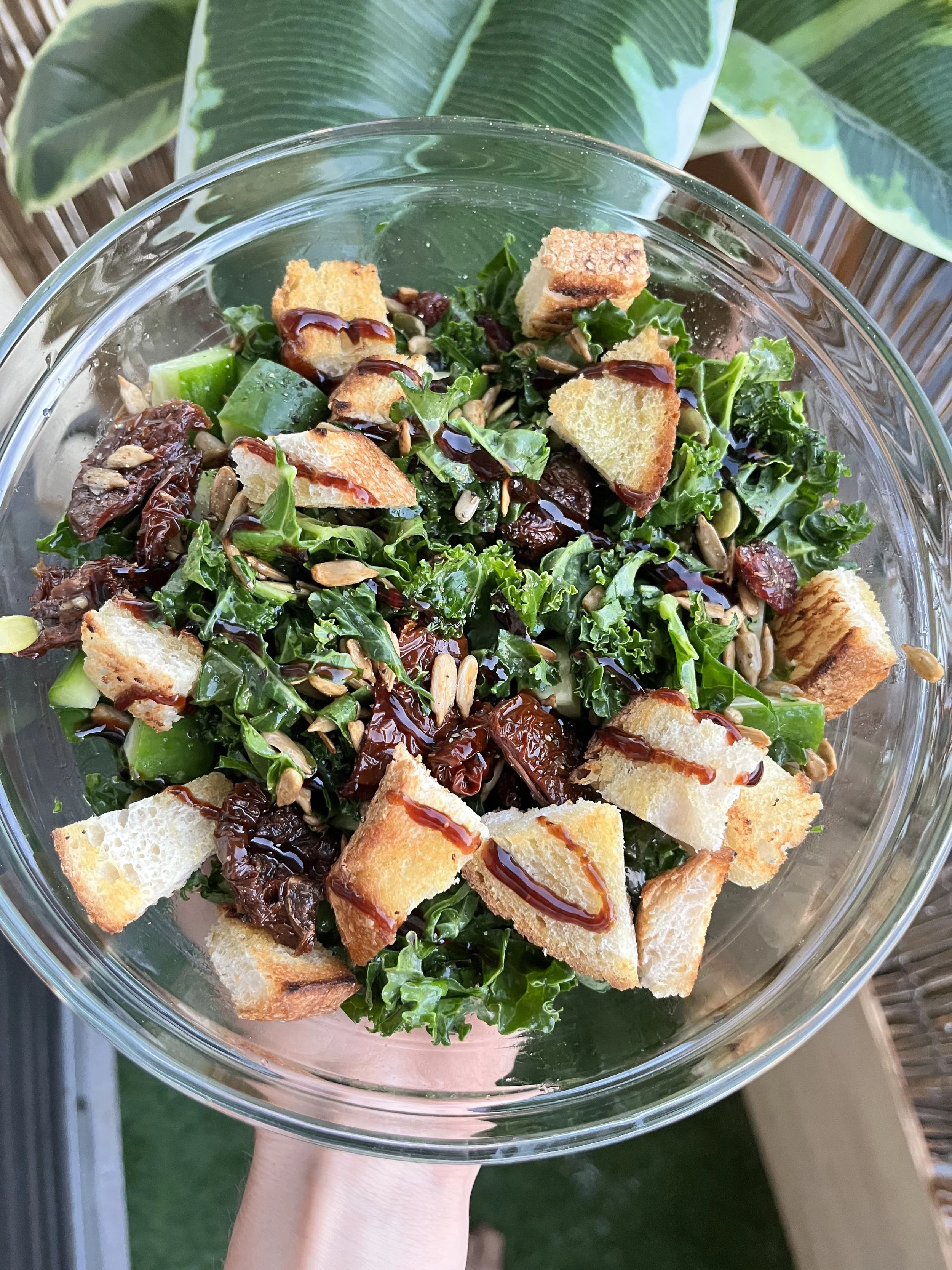 Balsamic Kale Salad with sourdough croutons