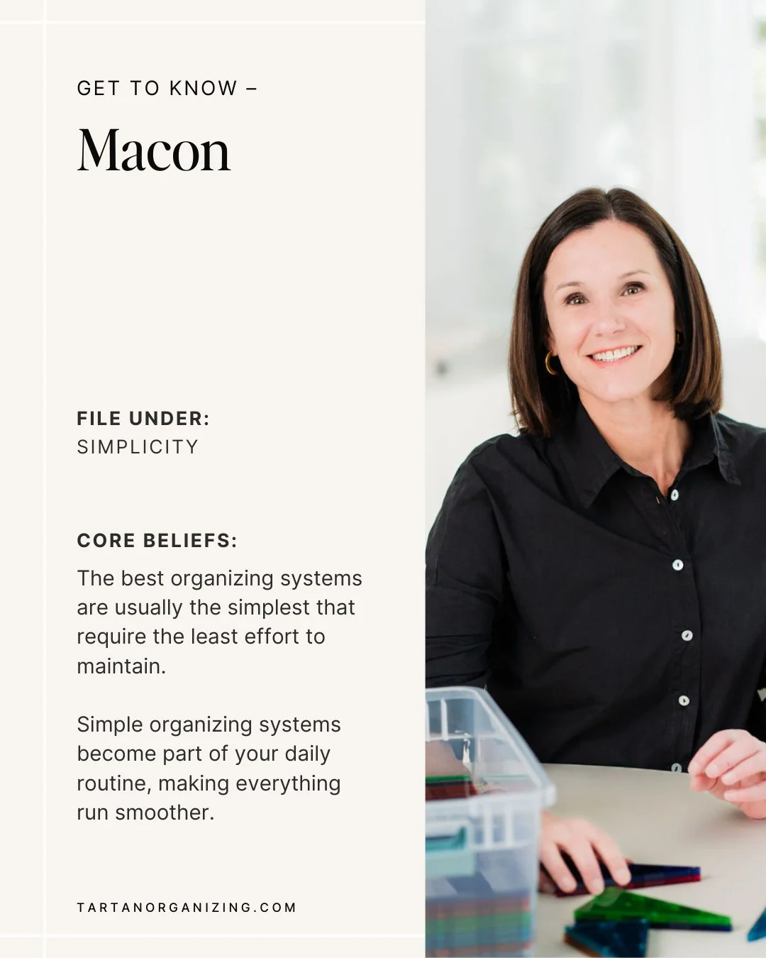 Meet Macon! Macon is the perfect addition to our team and our official tenth (!!) team member. Her focus on functional systems and editing ensure that her clients' results last long beyond Tartan's last day on-site. I want to get her to show us the m