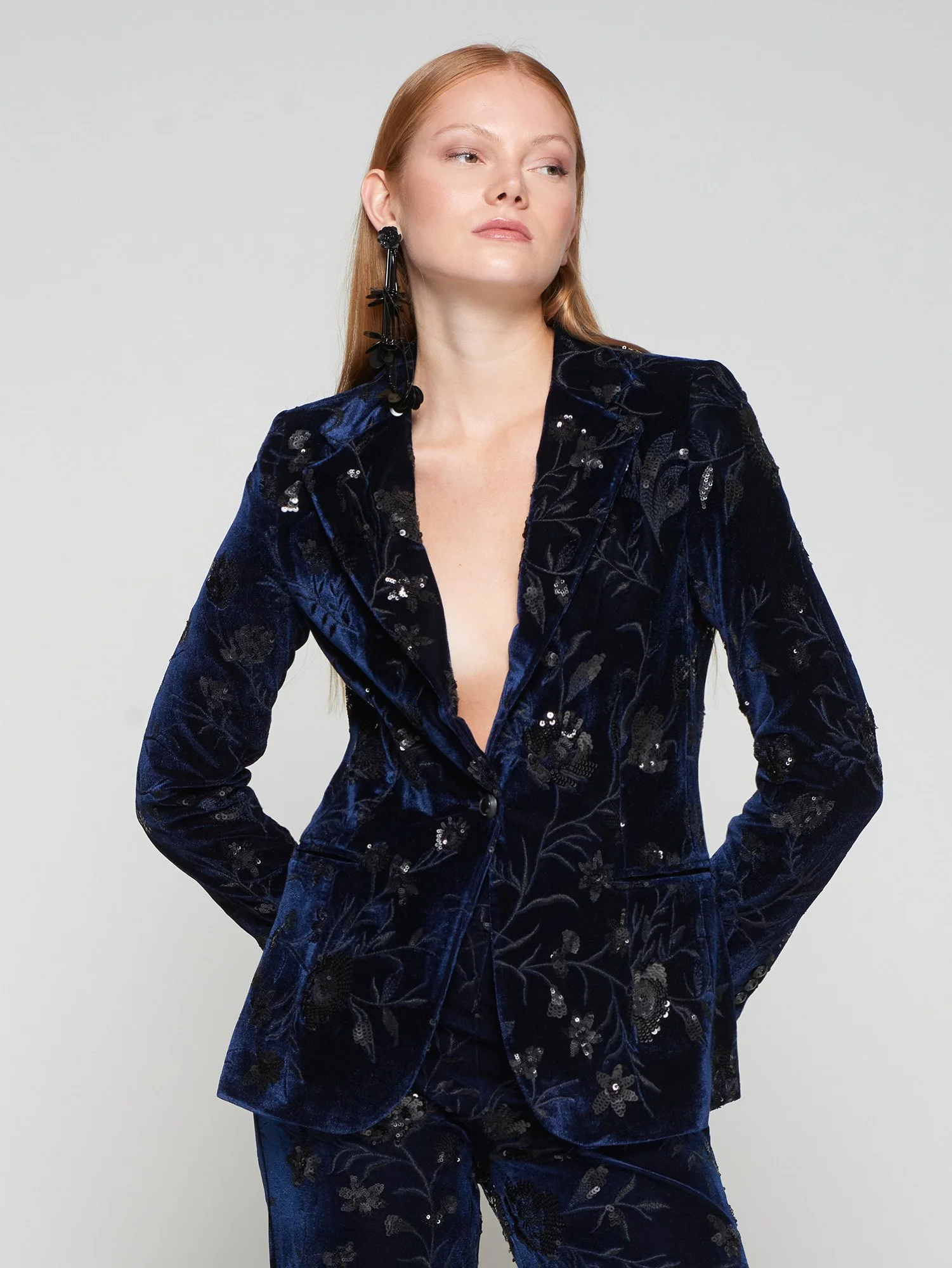 Navy Velvet Blazer with Sequin Details