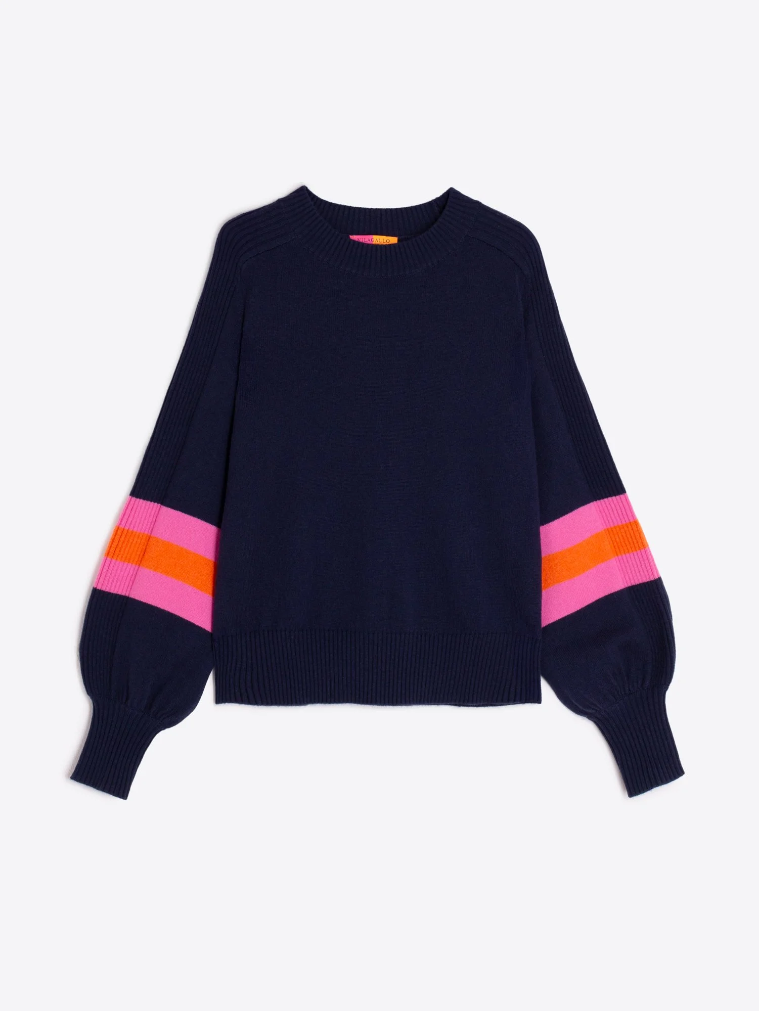 Navy Sweater with Pink and Orange Bands on Sleeve