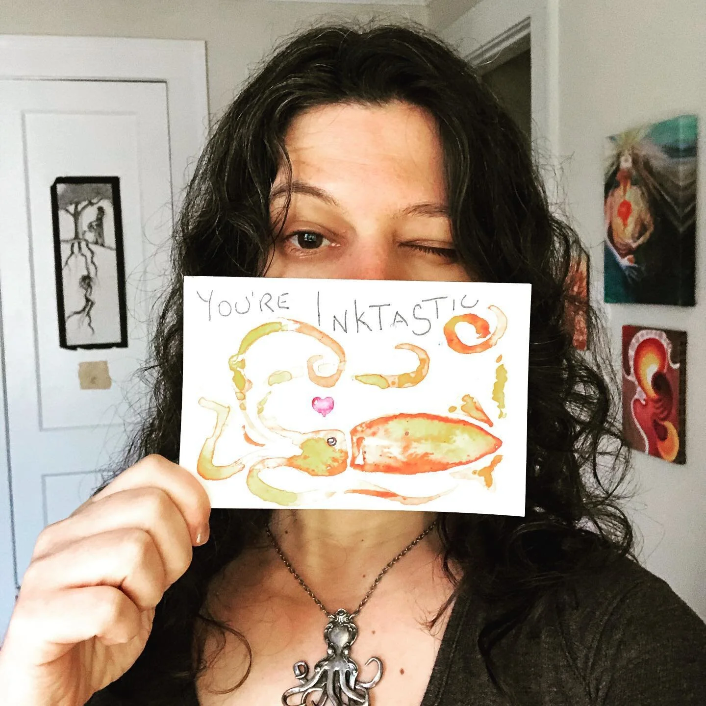 Got a really sweet valentine from the ever-talented Christy of @the_enrichment_project 
Damn, y'all, it's like she knew that 🐙 have been a thing for me since a young age.
🦑
And speaking of pithy wordplay, my upcoming #loveletter is giving a peek in