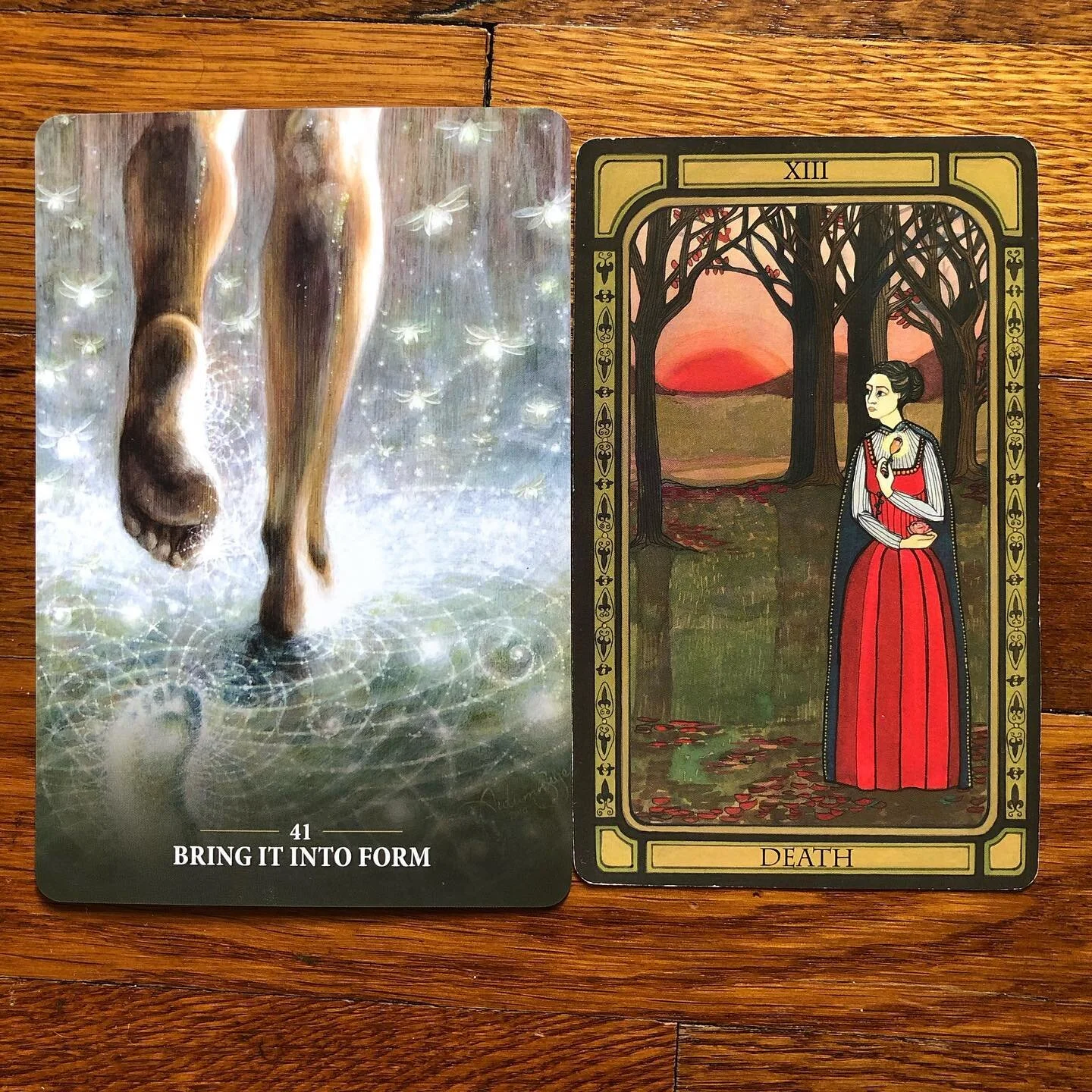 2 cards, 2 things:
1️⃣ I pull cards every morning. For lots of reasons, but especially to have some visuals &amp; contemplations at the start of the day. (Decks: Sacred Rebels Oracle &amp; The Golden Tarot)
👣
These 2 cards &mdash; Bring It into Form