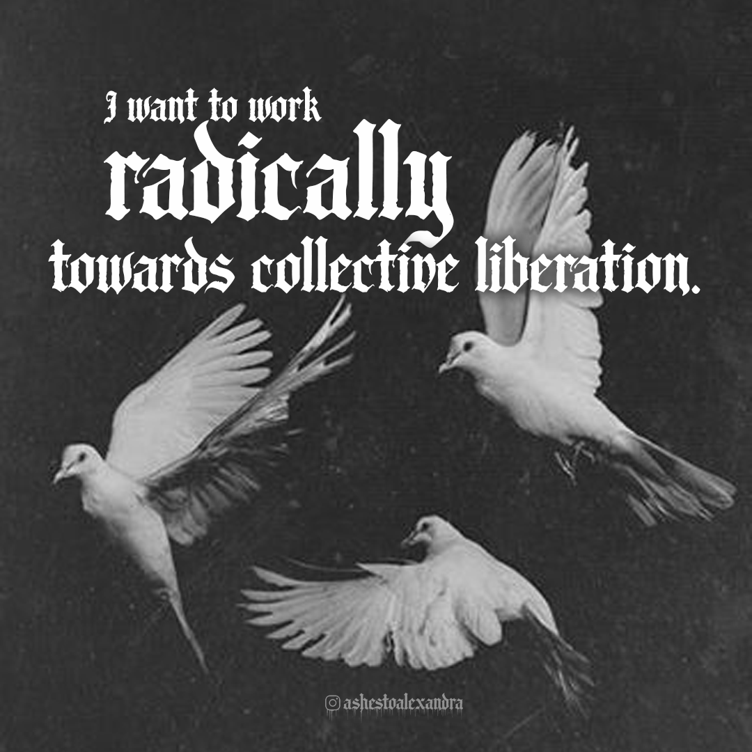 Black and white image with four white doves flying around text that says, 'I want to work radicallly towards collective liberation.'