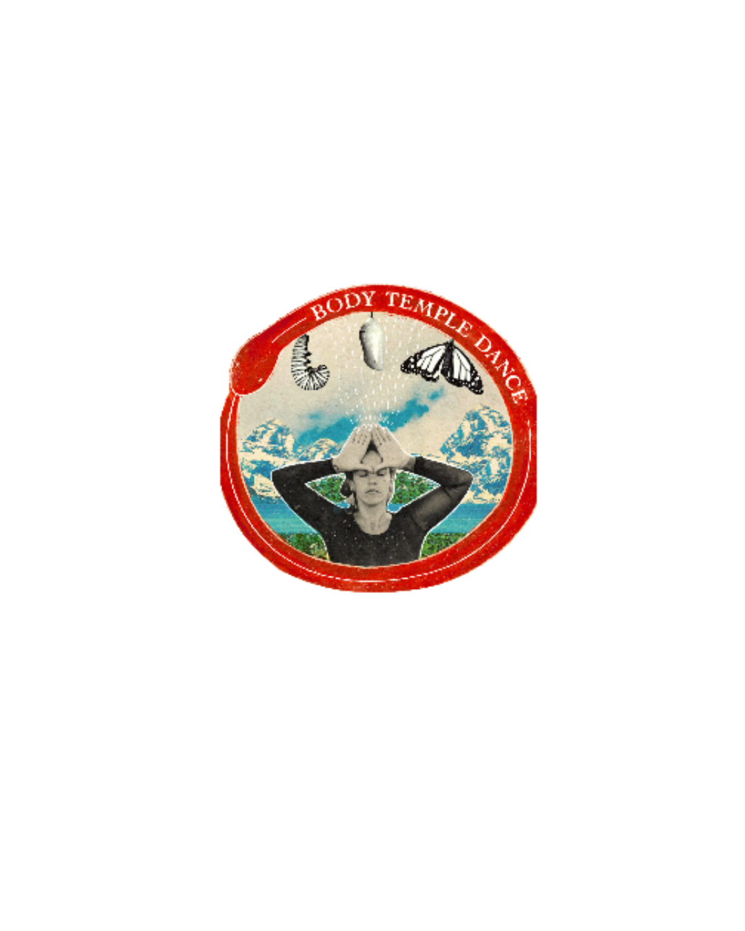 A circular logo with the text 'Body Temple Dance' around the top. Inside, a woman with closed eyes and hands on her forehead is set against a background of lakes, mountains, blue sky, two butterflies, a caterpillar, and a suspended object.