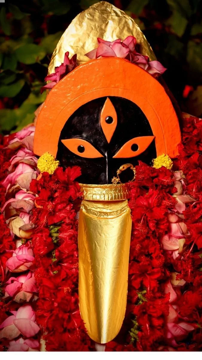 Kali at Kalighat, Kolkata: black face, three eyes, golden tongue, garlanded in red hibiscus