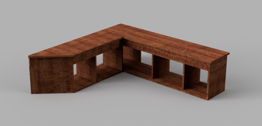 L-shaped wooden desk with open cubby storage