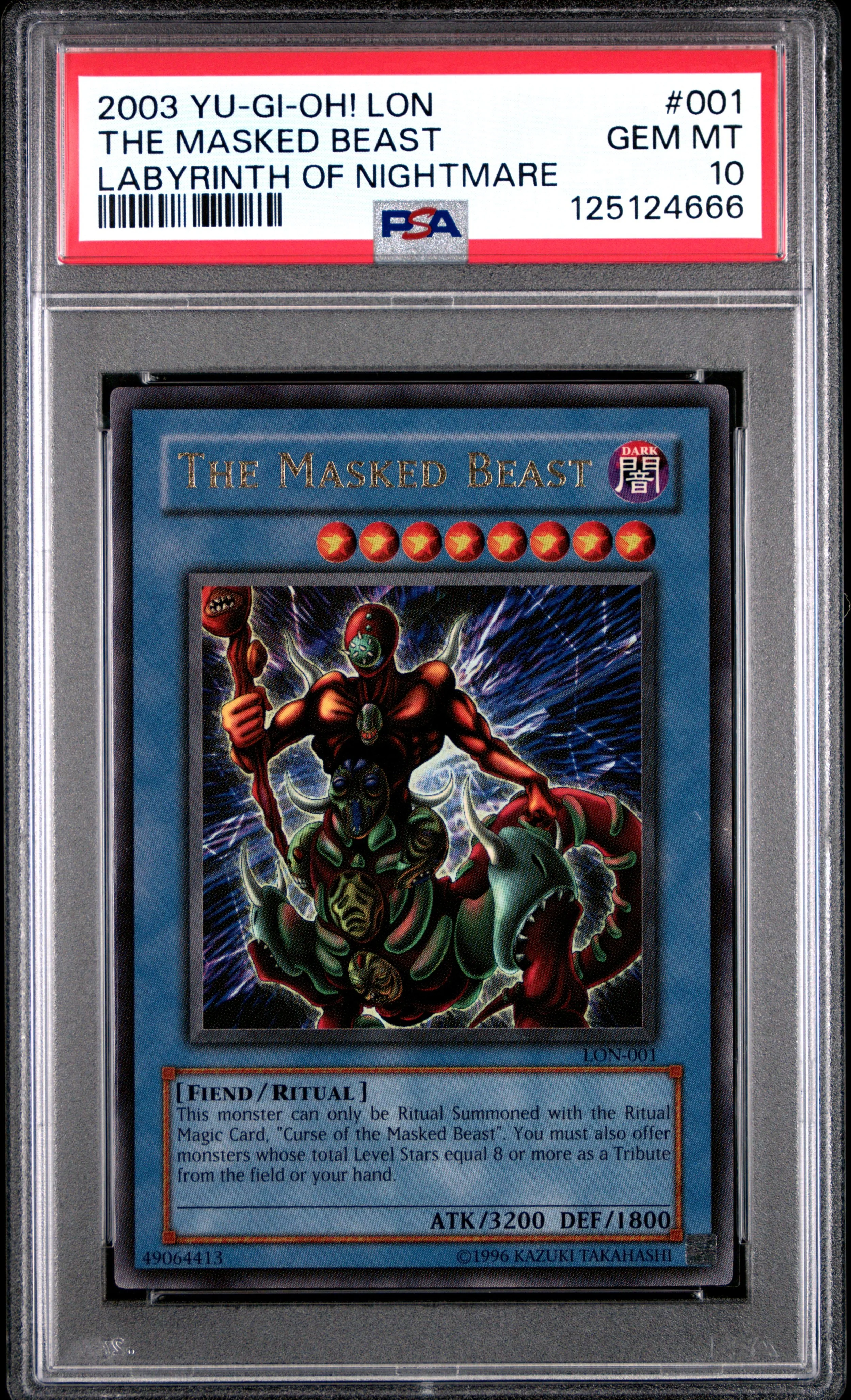 2003 YU-GI-OH! LON-LABYRINTH OF NIGHTMARE 001 THE MASKED BEAST GEM MINT 10 POP  15