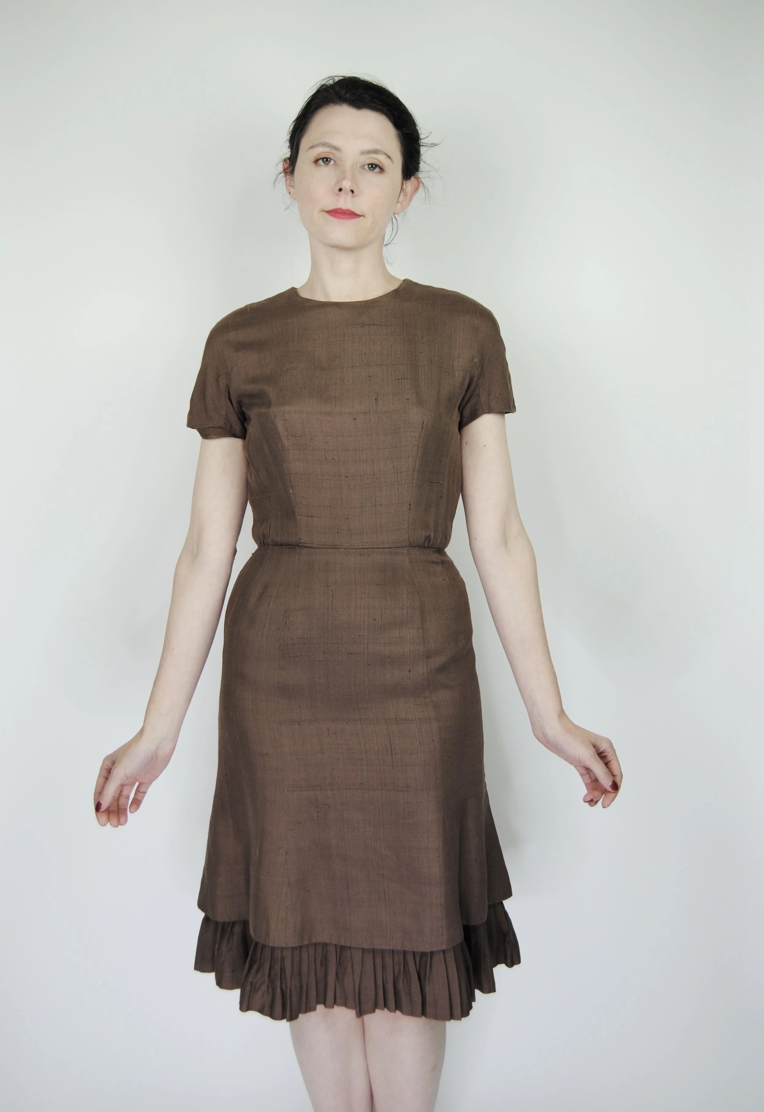 1950s 1960s Vintage Brown Brushed Silky Wiggle Dress with Pleated Flounced Hem- Xs to Sm